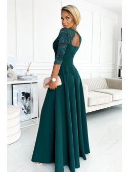 309-5 AMBER elegancka koronkowa długa suknia z dekoltem - ZIELEŃ BUTELKOWA