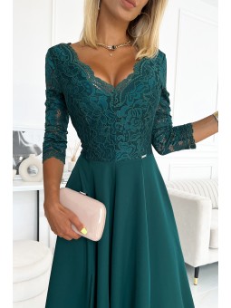 309-5 AMBER elegancka koronkowa długa suknia z dekoltem - ZIELEŃ BUTELKOWA